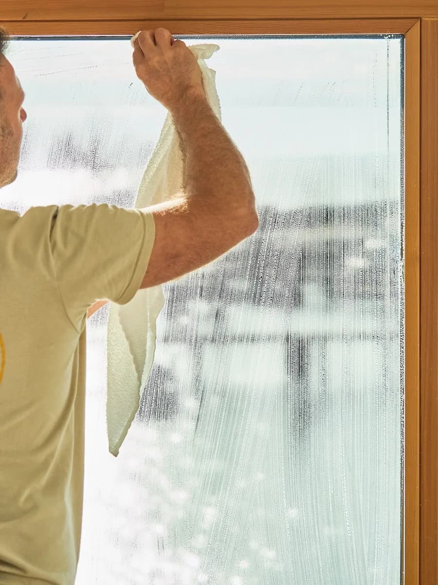Detailing the frame edge with a cloth before the squeegee pass