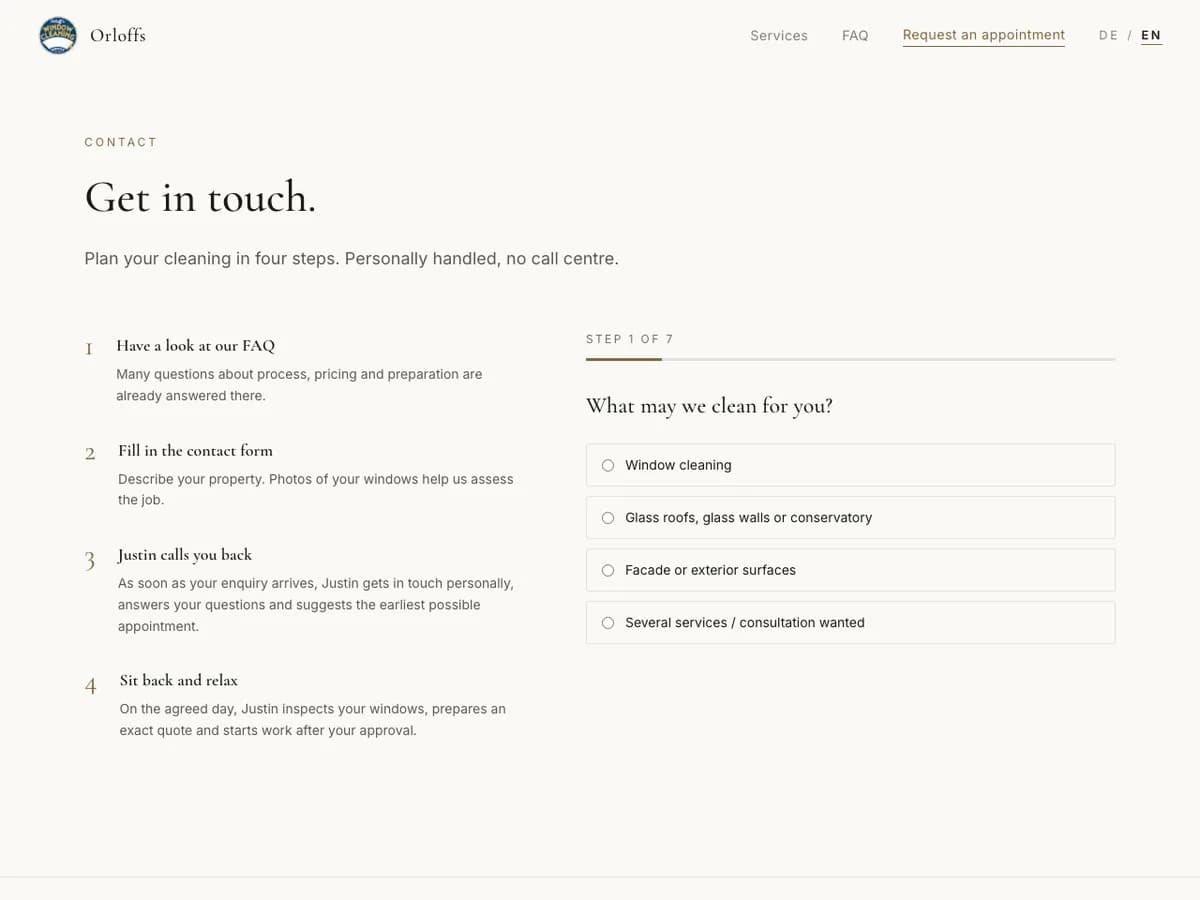 The Orloffs.at quote request steps, the real flow behind how a job gets priced