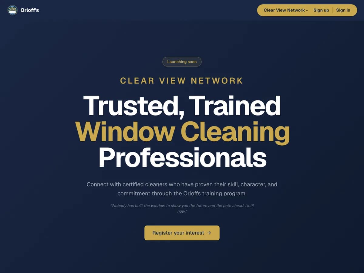 The Clear View Network page, marked launching soon, the job board for trained cleaners
